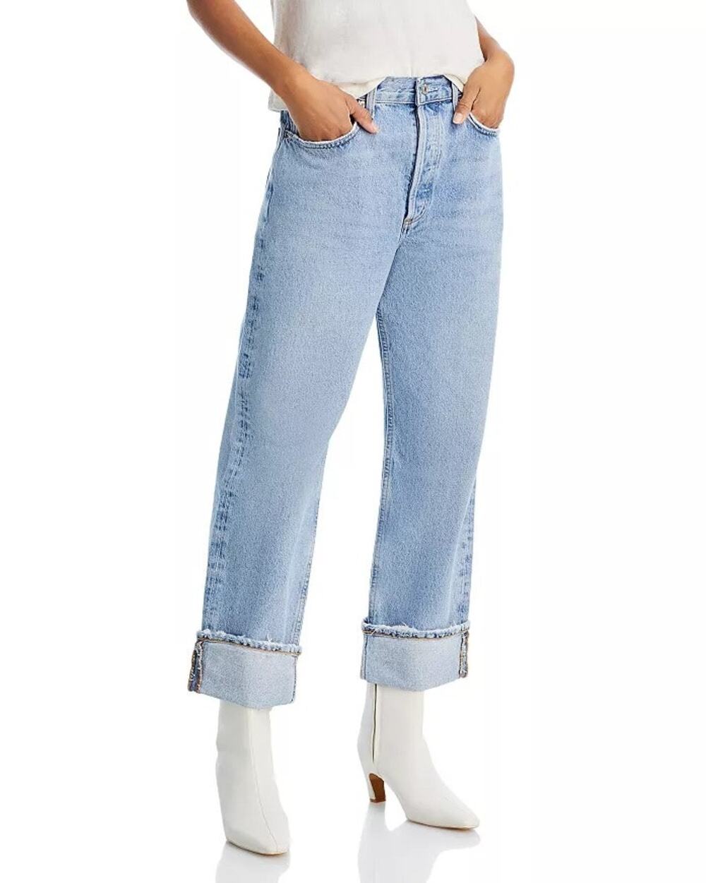 Agolde Women Force Blue Light Wash Fran High Rise Straight Cuffed Jeans Size 32
